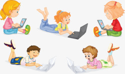 趴着的小孩小孩们玩电脑高清图片