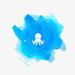 章鱼蓝色水彩绘标签素材