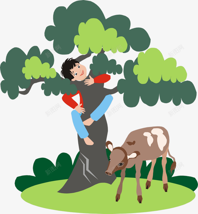 放牛的小孩png免抠素材_新图网 https://ixintu.com 大树 小孩 手绘 爬树 牛