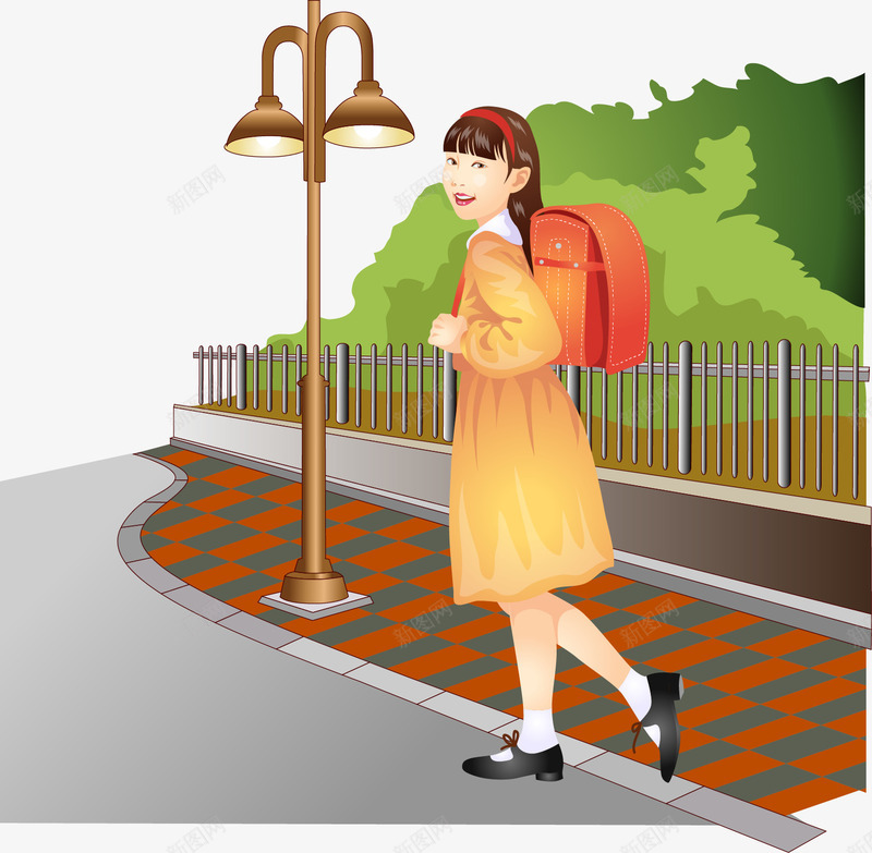 可爱女孩背着书包走在路上png免抠素材_新图网 https://ixintu.com 人物矢量插图 可爱 女孩 小孩背书包 背着书包 走在路上 道路
