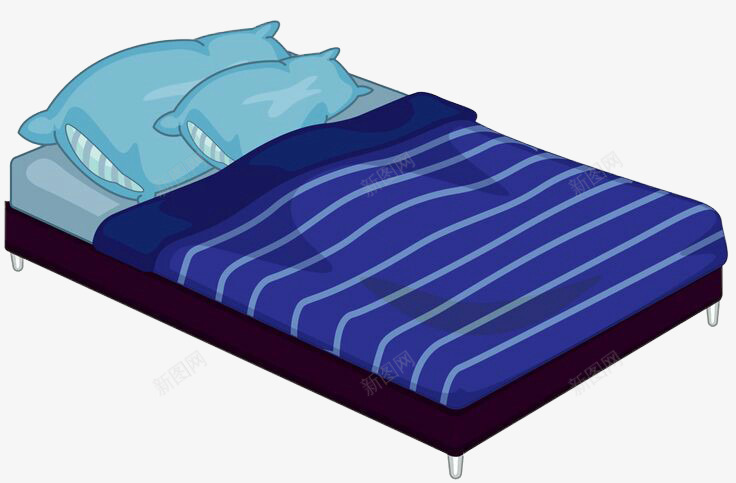 蓝色条纹被子床png免抠素材_新图网 https://ixintu.com 图案设计 床 杯子 枕头