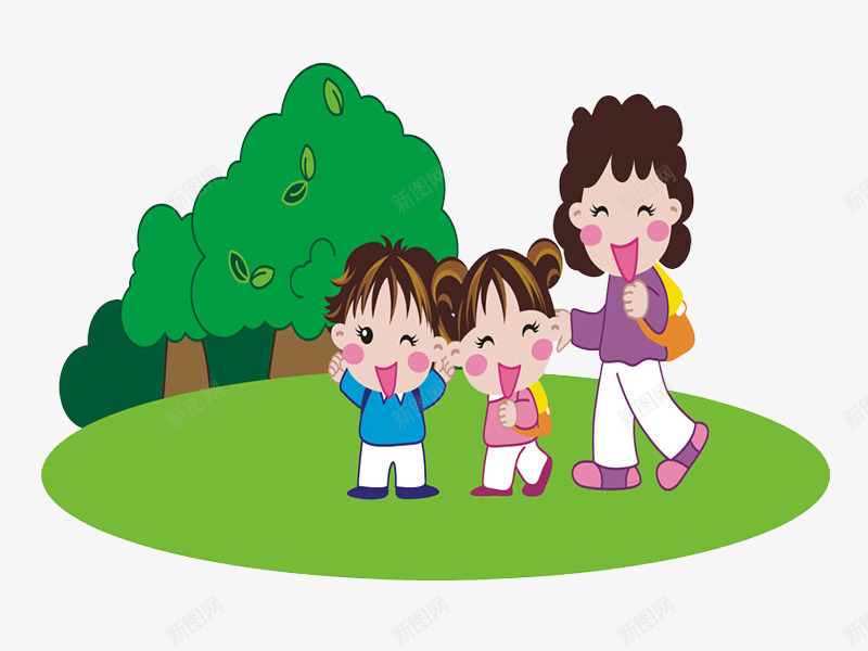 卡通母亲和孩子场景图png免抠素材_新图网 https://ixintu.com 大树 小孩 插图 母亲 绿色的 草地 郊游 高兴地
