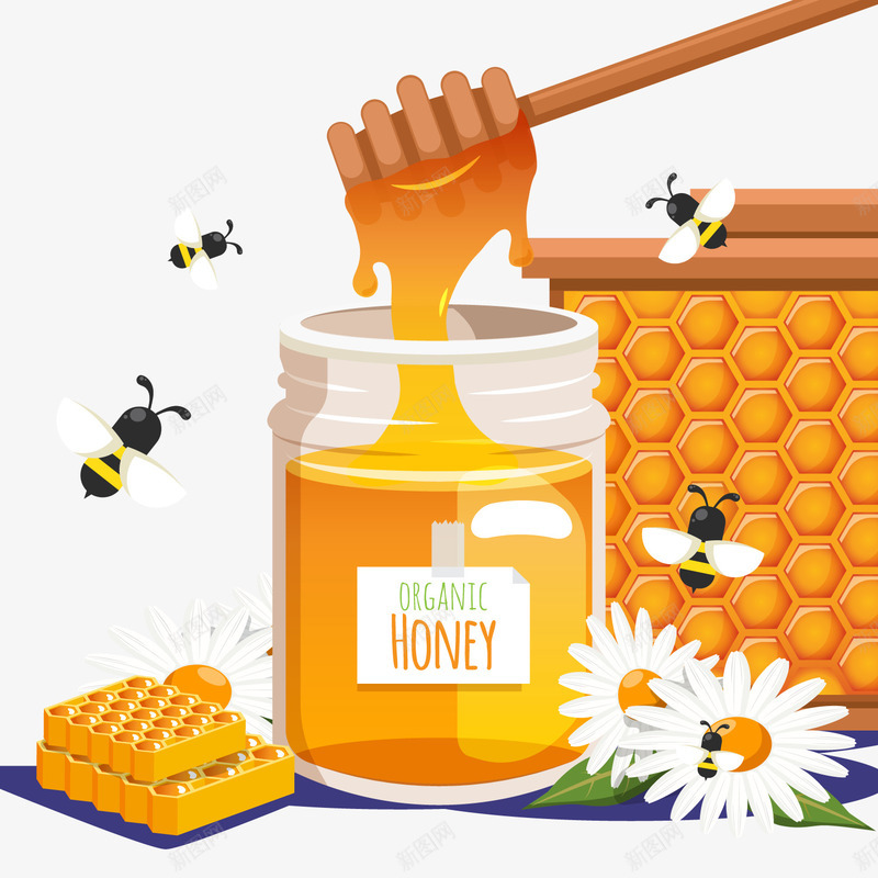 美味瓶装蜂蜜和蜜蜂矢量图ai免抠素材_新图网 https://ixintu.com 蜂蜜 蜜蜂 食物 矢量图