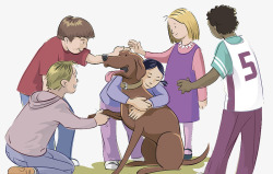 爱护小孩卡通插图与狗玩闹的小孩子们高清图片