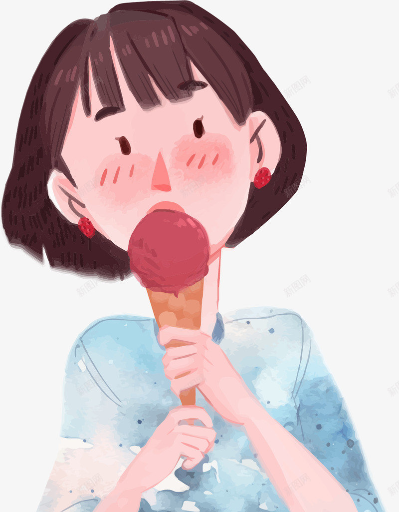 手绘卡吃冰激凌的女孩png免抠素材_新图网 https://ixintu.com 冷饮 卡通 吃冰激凌的女孩 手绘 插画 水彩 甜品