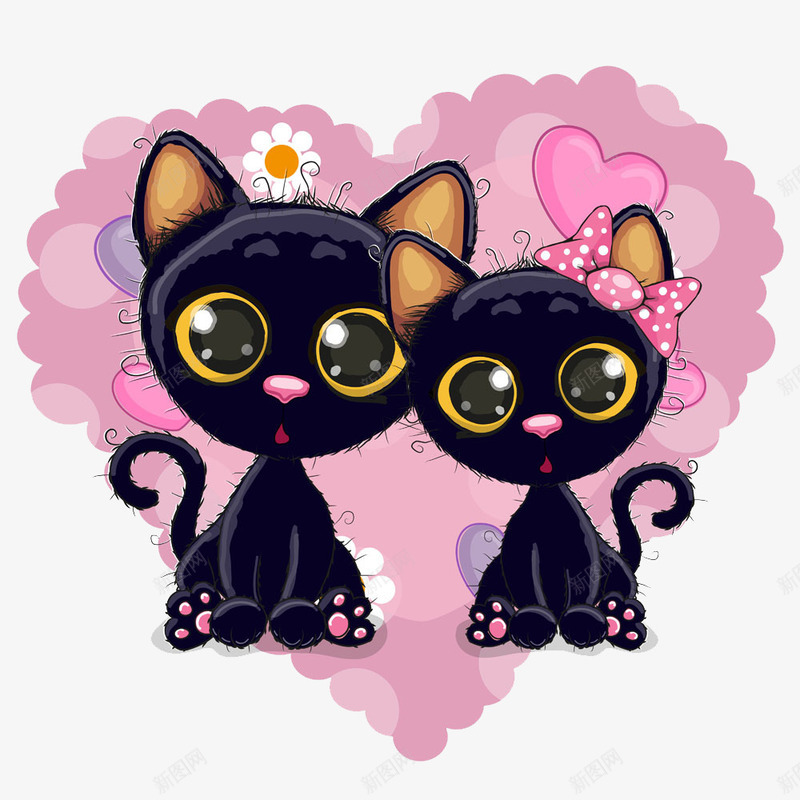 卡通小猫png免抠素材_新图网 https://ixintu.com 动物 卡通 可爱 大眼睛 小猫 手绘 爱情 猫 相爱 粉色 黑色