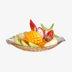 芒果刀火龙果水晶盘上的水果沙拉高清图片