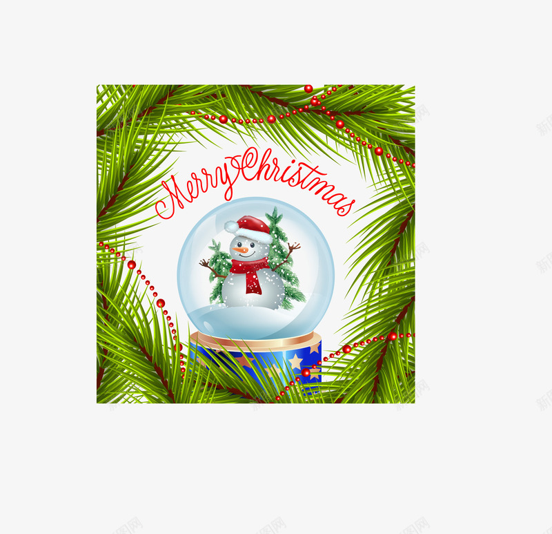 绿色松叶边框水晶球png免抠素材_新图网 https://ixintu.com 圣诞节 圣诞节快乐 松针 水晶球 绿色 雪人