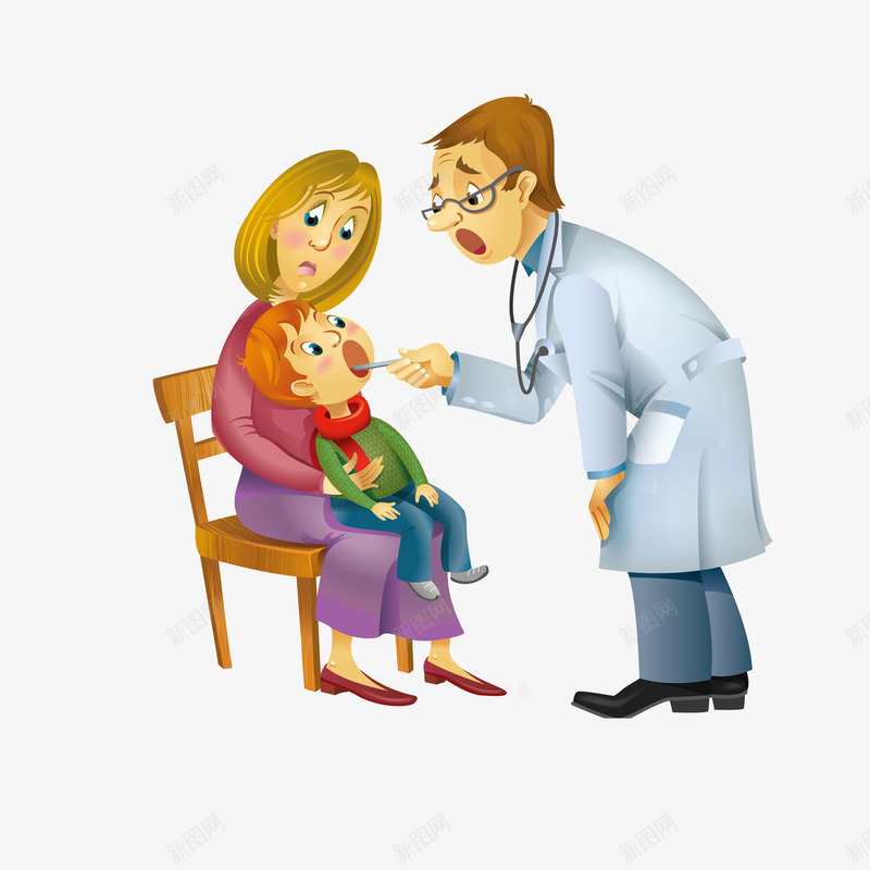 卡通给小孩检查喉咙的医生png免抠素材_新图网 https://ixintu.com 医生与患者 医生检查病情 检查喉咙 生病的小孩