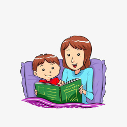 卡通跟妈妈躺靠着枕头看书的小孩素材