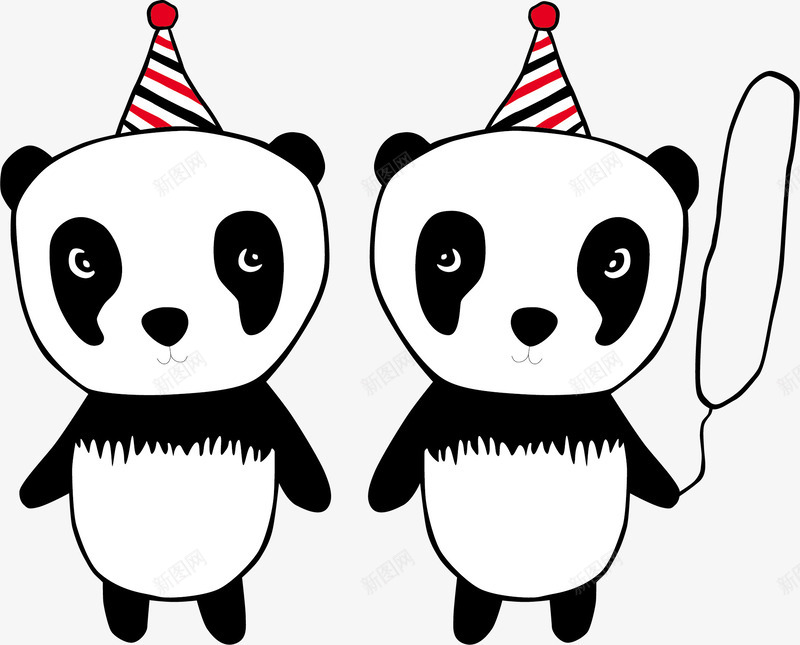 可爱熊猫png免抠素材_新图网 https://ixintu.com 动物 可爱 帽子 手绘 条纹 气球 熊猫 黑白