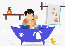 小孩沐浴桶小孩和小狗一起沐浴高清图片