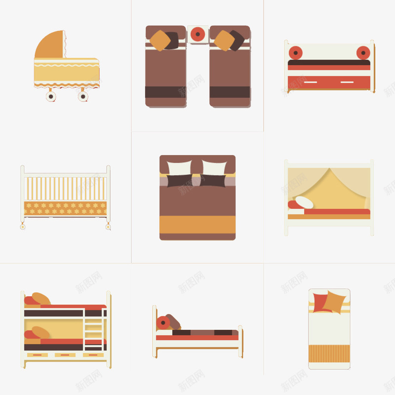 扁平式床的图标png_新图网 https://ixintu.com 创意 双人床 图标 大床 婴儿床 彩色 简约