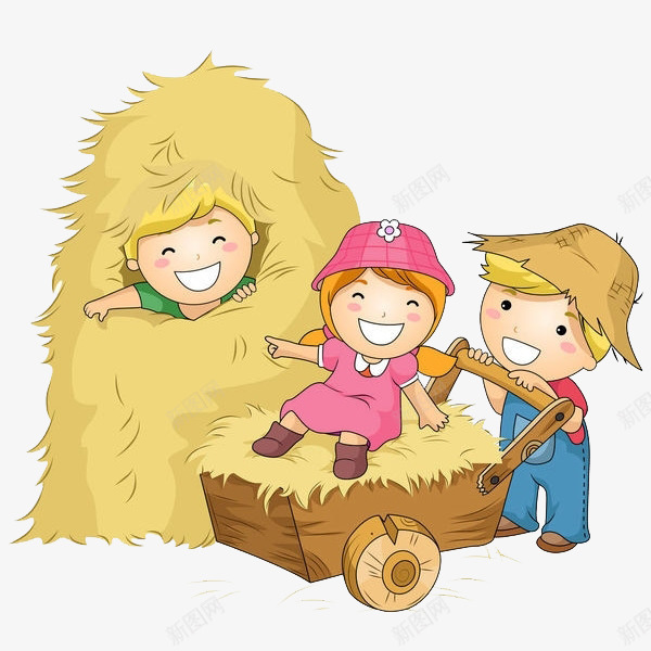 丰收的季节png免抠素材_新图网 https://ixintu.com 卡通 可爱的 小孩子 推车 简笔 高兴地 麦子
