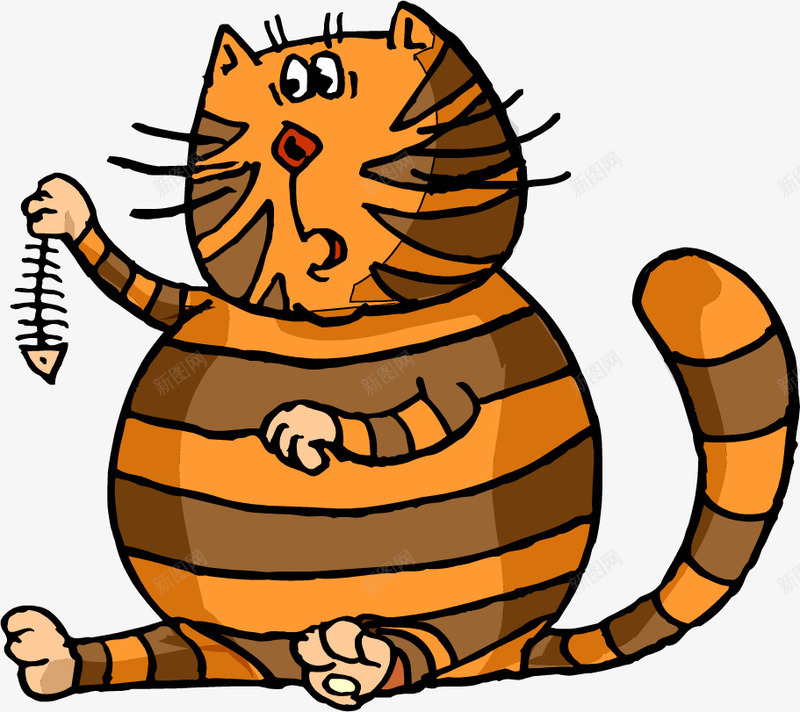 鱼骨头小猫png免抠素材_新图网 https://ixintu.com 一只 卡通 小猫 手绘 条纹 橘色 鱼骨头 黑色