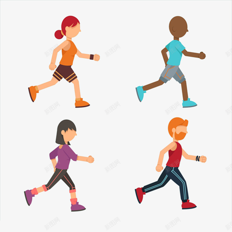 跑步的卡通人png免抠素材_新图网 https://ixintu.com 健康生活 卡通手绘 四人 奔跑的卡通人 男女 跑步 运动