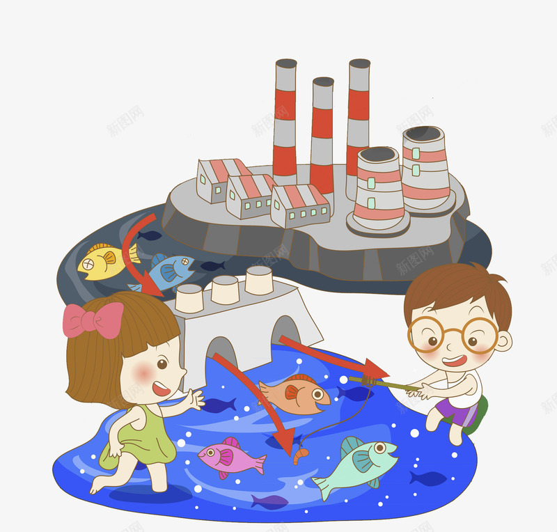 抓鱼的孩子png免抠素材_新图网 https://ixintu.com 可爱的 小孩 小鱼 工厂 污染 高兴地