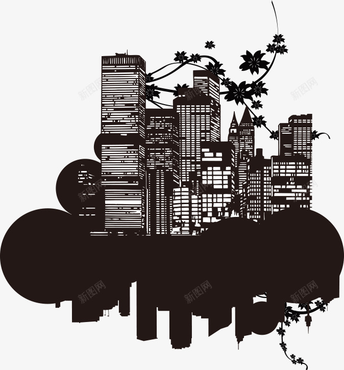 黑白城市潮流花纹剪影png免抠素材_新图网 https://ixintu.com 城市的剪影 平面城市素材 潮流的花纹 矢量城市 黑白的城市