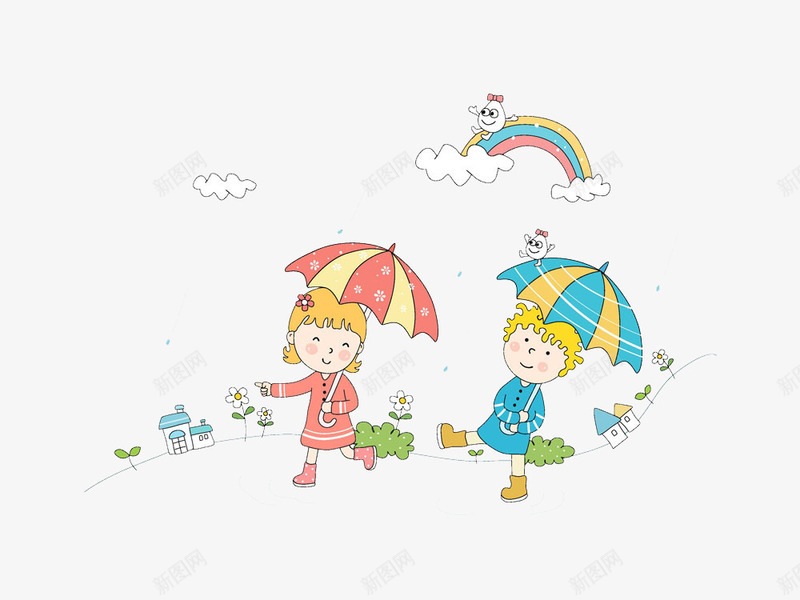 两个打雨伞儿童png免抠素材_新图网 https://ixintu.com 两个打伞的小孩子 两个打雨伞的卡通儿童 卡通人 卡通小孩 小孩高清免抠素材 彩虹 打伞的孩子 雨伞