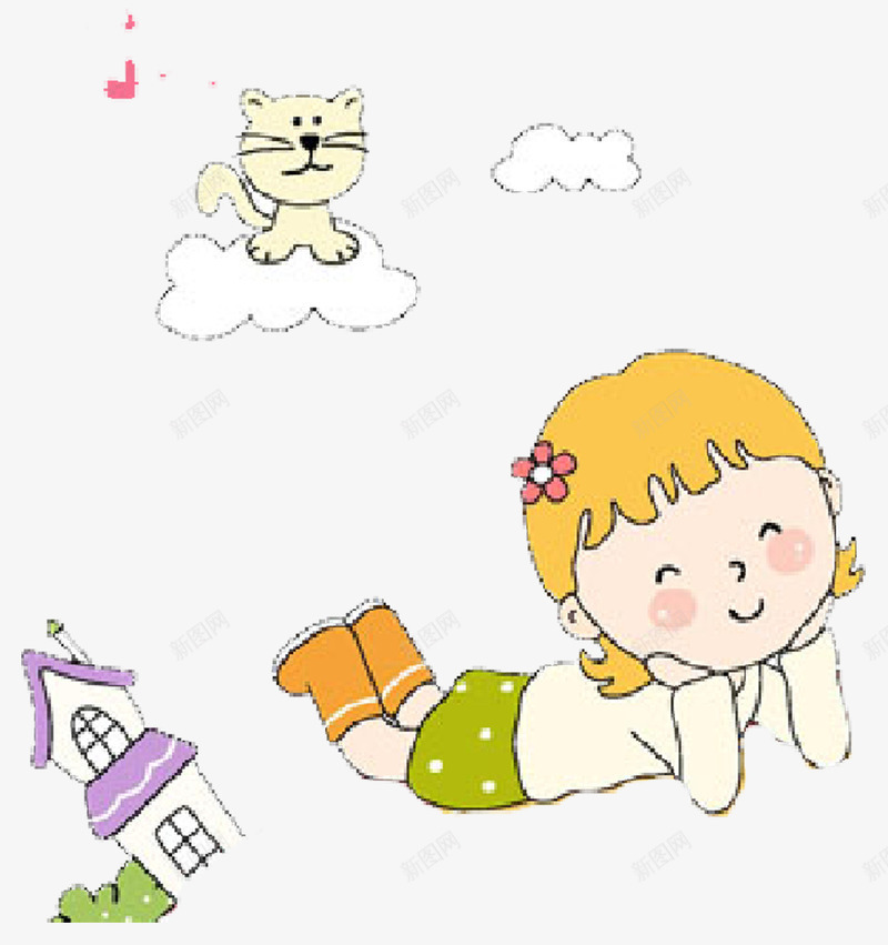 趴着的女孩png免抠素材_新图网 https://ixintu.com 卡通 可爱 小房子 开心 趴着 趴着的小孩