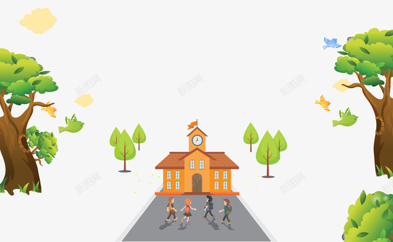 学校路上png免抠素材_新图网 https://ixintu.com 上课 卡通 建筑 背着书包的一群小孩