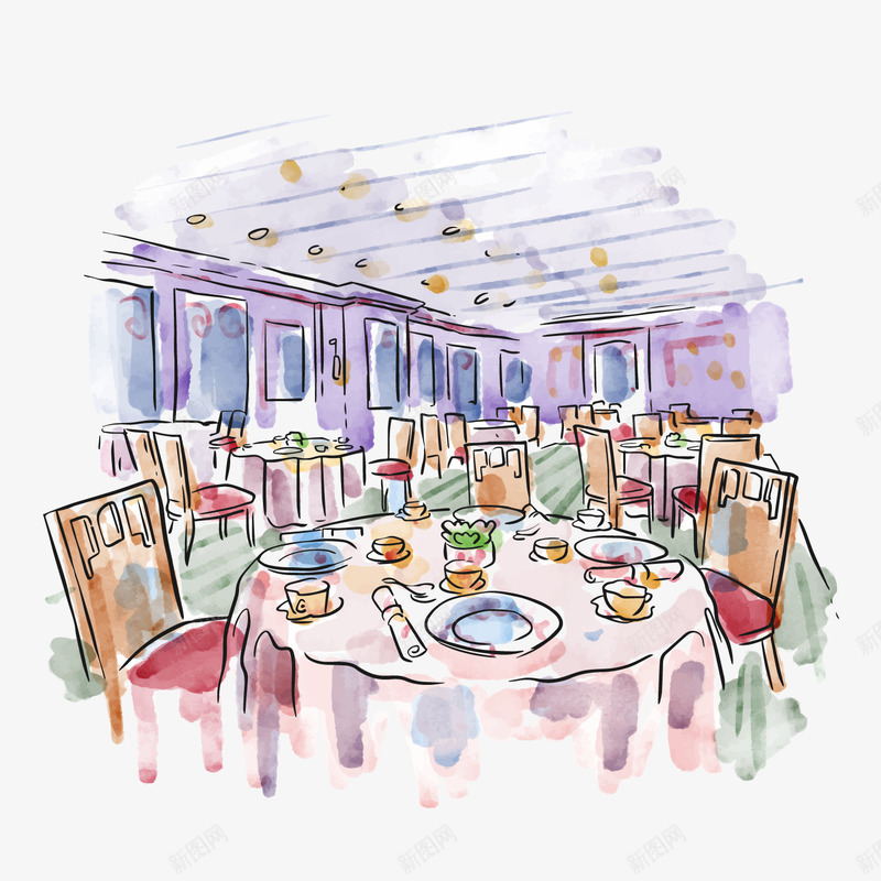 水彩绘餐厅内部图png免抠素材_新图网 https://ixintu.com 卡通家具 桌子椅子 水彩绘餐厅 背景装饰
