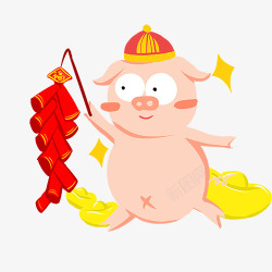 小福猪免抠2019卡通手绘猪宝宝放鞭炮高清图片