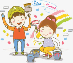 画画的女孩子卡通手绘男孩女孩画画油漆高清图片