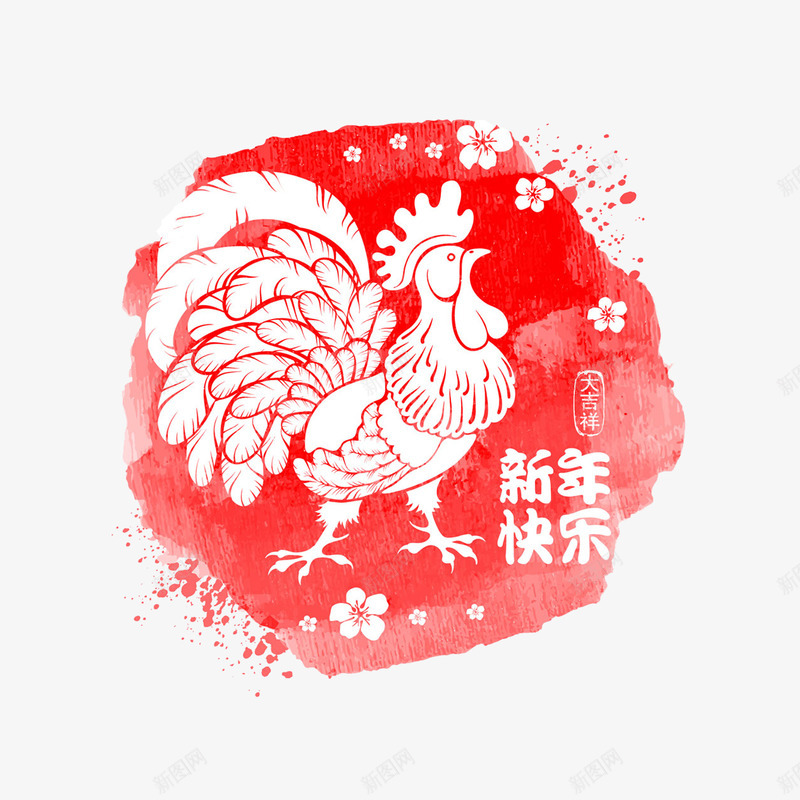 新年公鸡泼墨图png免抠素材_新图网 https://ixintu.com 动物 喜庆 红色