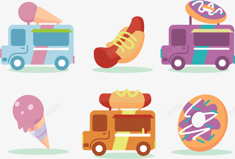 卖食物的货车png免抠素材_新图网 https://ixintu.com 冰淇淋 彩绘 火腿肠 热狗 甜甜圈 货车 轮胎