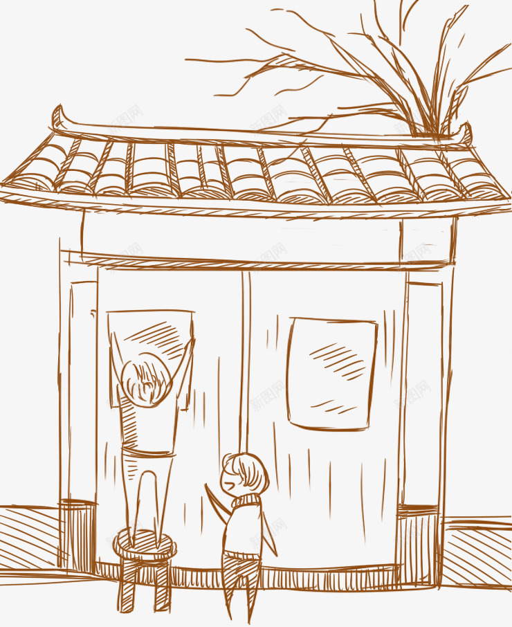 贴对联png免抠素材_新图网 https://ixintu.com 人物 人物插画 卡通人物 小孩 建筑 房子 插画