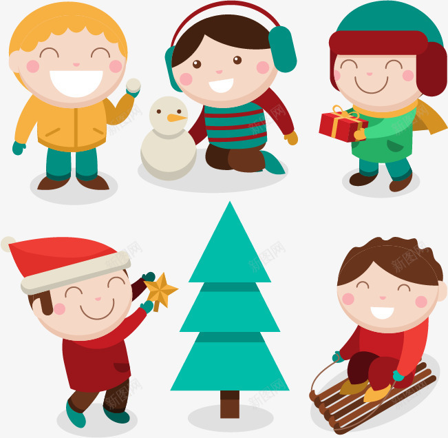5个圣诞节孩子png免抠素材_新图网 https://ixintu.com 圣诞树 圣诞节 堆雪人 小孩子 玩耍 矢量素材