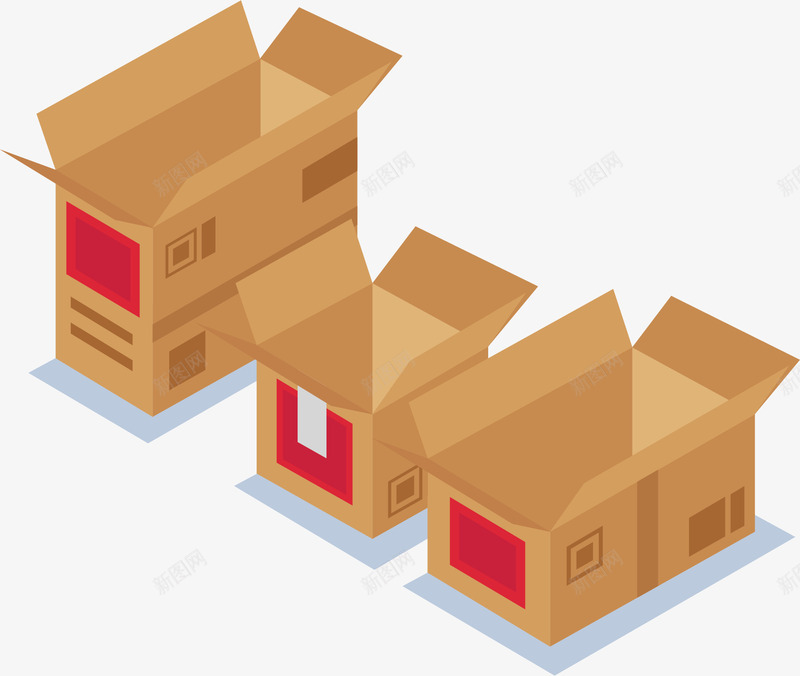 三个打开的纸盒箱png免抠素材_新图网 https://ixintu.com 包装箱 快递箱 打包箱 矢量png 纸盒箱 纸箱 褐色纸箱