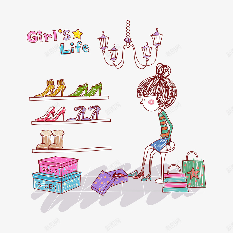 女孩生活插画png免抠素材_新图网 https://ixintu.com 买鞋 购物 速写