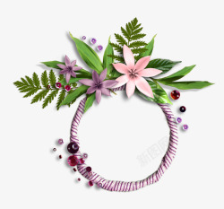 圆环紫色粉色花朵绿叶装饰素材