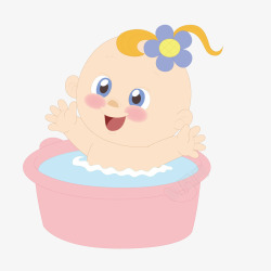 粉色澡巾手绘卡通婴儿洗澡高清图片