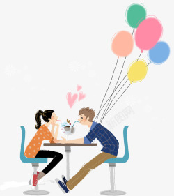 情侣喝果汁手绘甜蜜卡通插画喝饮料的情侣高清图片