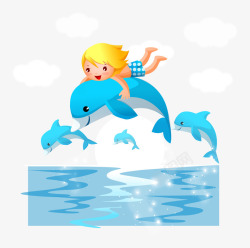 驮着小孩跳跃的海豚矢量图素材