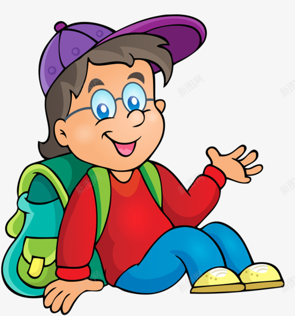 坐着的小孩png免抠素材_新图网 https://ixintu.com 书包 卡通 坐着的小朋友 孩子 小孩 帽子 手绘 眼镜