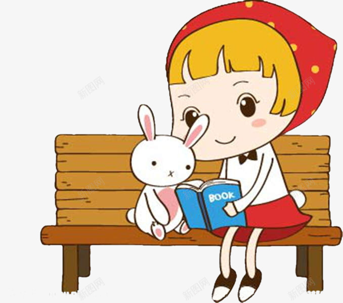 坐在板凳看书的小女孩png免抠素材_新图网 https://ixintu.com 卡通小女孩 小白兔 木凳 看书 读书的人