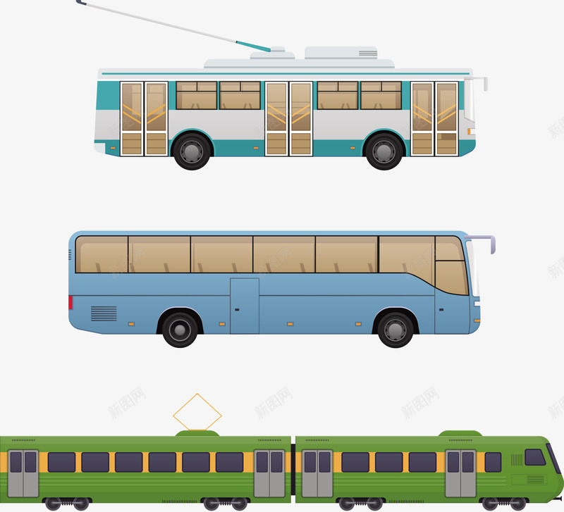 三辆各种车辆矢量图eps免抠素材_新图网 https://ixintu.com 大巴 火车 矢量大巴 绿色火车 车辆 矢量图