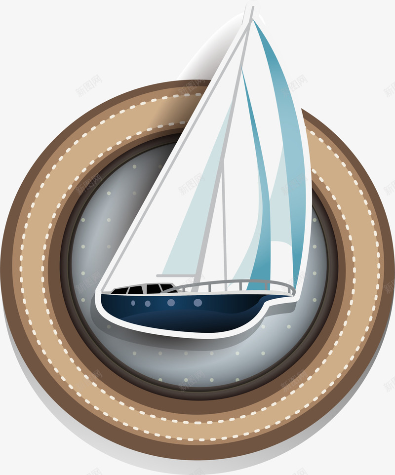 卡通蓝色大型帆船png免抠素材_新图网 https://ixintu.com 卡通帆船 大型帆船 棕色圆环 白色船帆 童趣 蓝色帆船