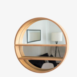 卫生间镜子置物镜木头边框圆镜高清图片