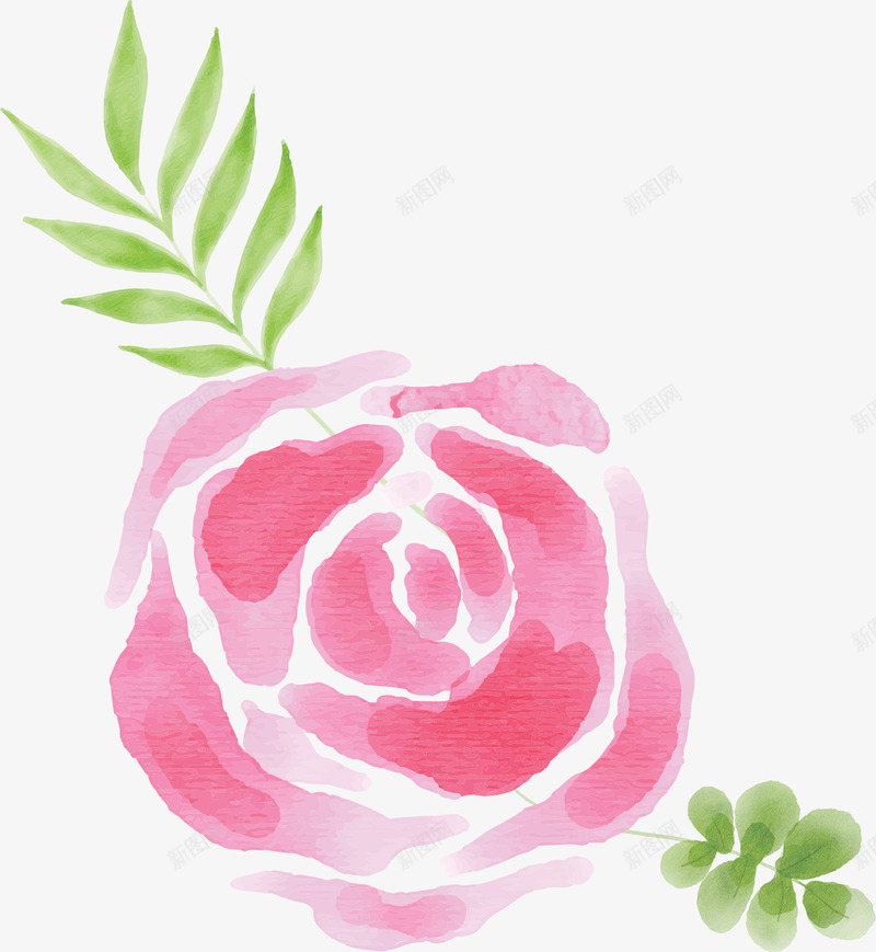 泼墨玫瑰png免抠素材_新图网 https://ixintu.com 叶子 手绘 玫瑰 简图 粉色的 绿色的 花朵