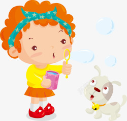 玩积木的小孩可爱人物插图跟小狗吹泡泡玩小孩高清图片