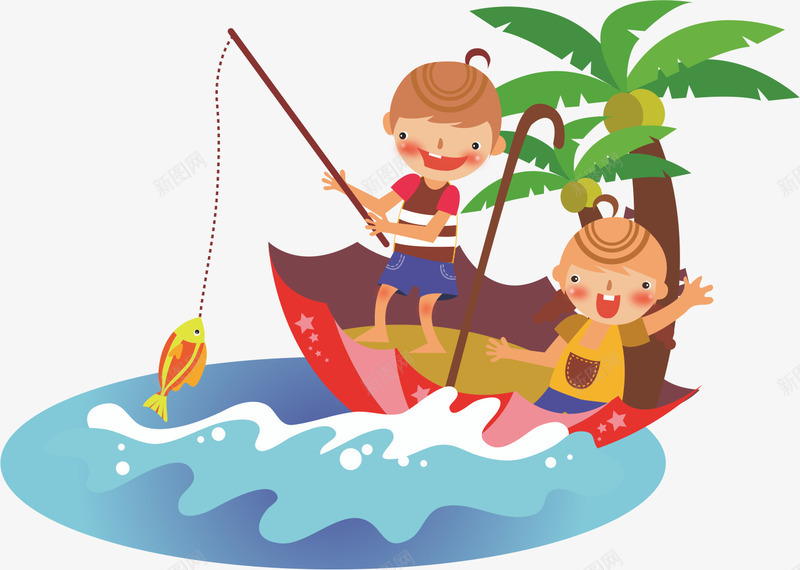 钓鱼的孩子们矢量图ai免抠素材_新图网 https://ixintu.com 卡通 小孩 钓鱼 钓鱼的人 雨伞 矢量图