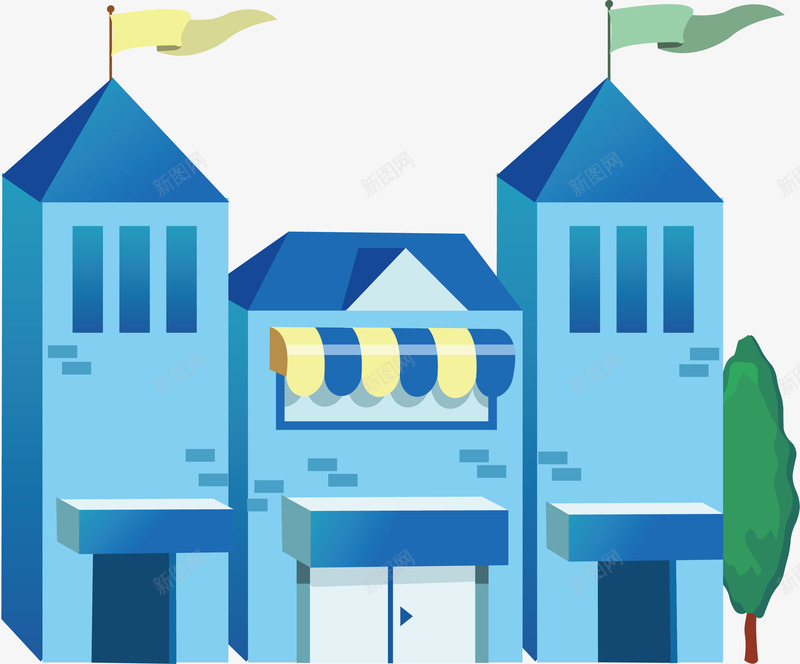 建筑楼房png免抠素材_新图网 https://ixintu.com 卡通 居民区剪影 彩旗 楼房 科技楼 科技楼房 科技楼梯
