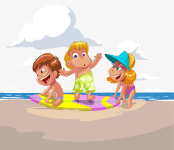 沙滩玩耍的卡通儿童素材