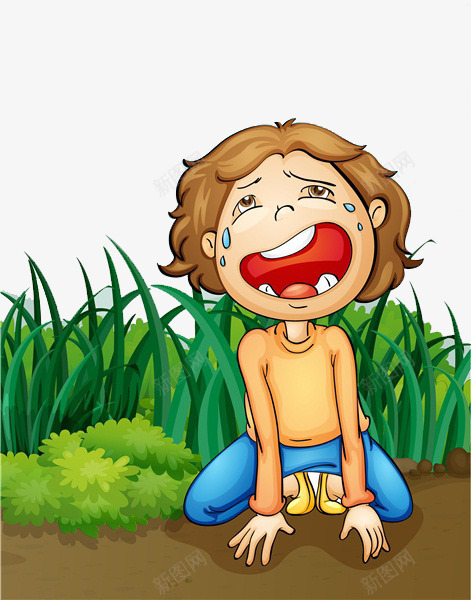 卡通草地里哭泣的男孩png免抠素材_新图网 https://ixintu.com 卡通 哭小孩 哭泣的男孩 眼泪 绿色植物 草地里