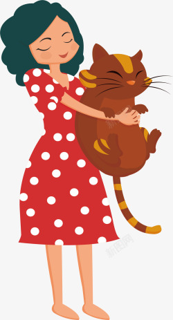 小红裙抱着猫咪的可爱女孩矢量图高清图片